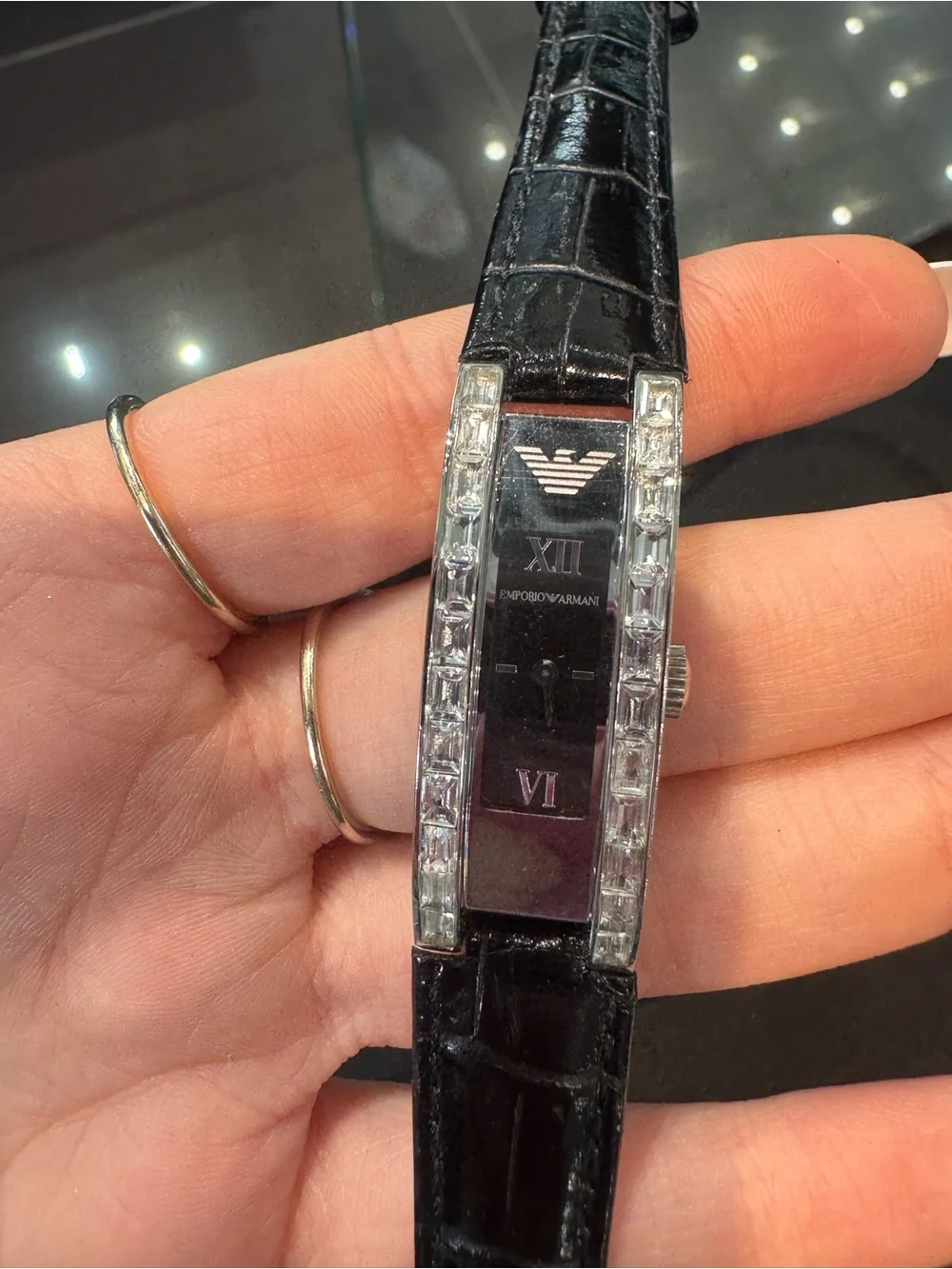 Emporio Armani Women's Slimline Rectangular Watch - Crystal Bezel & Black strap